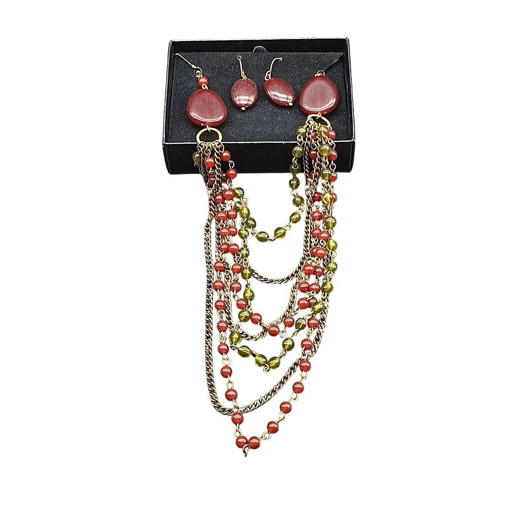 Avon Multi-Strand Red Bead Necklace and Dangle Drop Earrings Jewelry Set